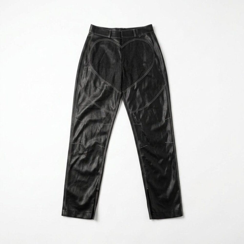 Maniere De Voir Heart Vegan Leather Pants - Black Denim Patchwork Size 8